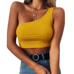 Sexy Yellow One Shoulder Cropped Tank Top Small
